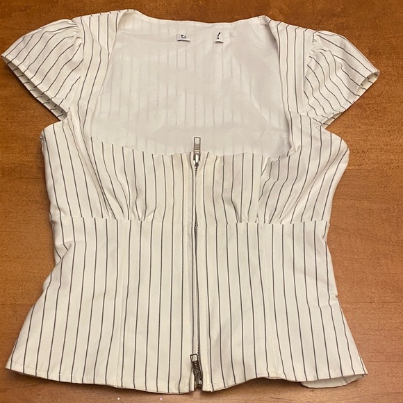 Princess Polly Tops - Princess Polly Santa Cruz Pinstripe Zip Ivory Striped Cap Sleeve Top